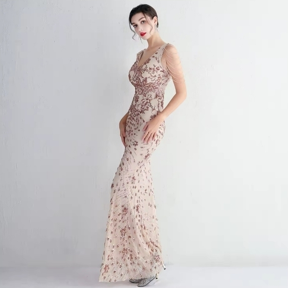 Gold, Floral Print,  V Neck,  Beaded Draped Sleeves,  Contrast Sequined Gown - Picture 10 of 16